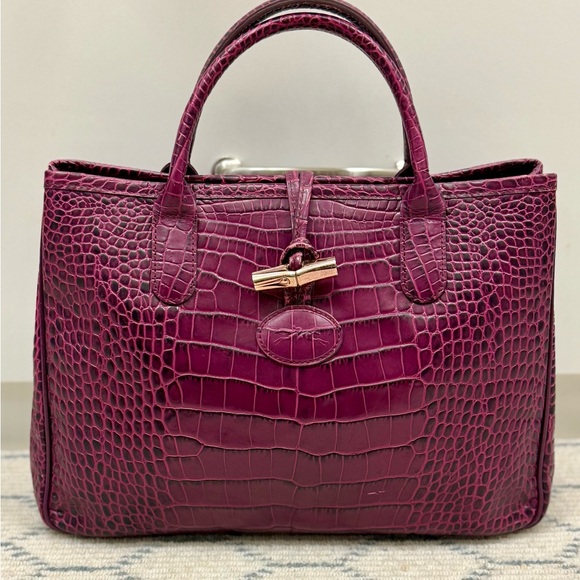 Longchamp Handbags - LONGCHAMP Chic Elegant Coquette Roseau Croc-Embossed Purple Leather Tote Bag